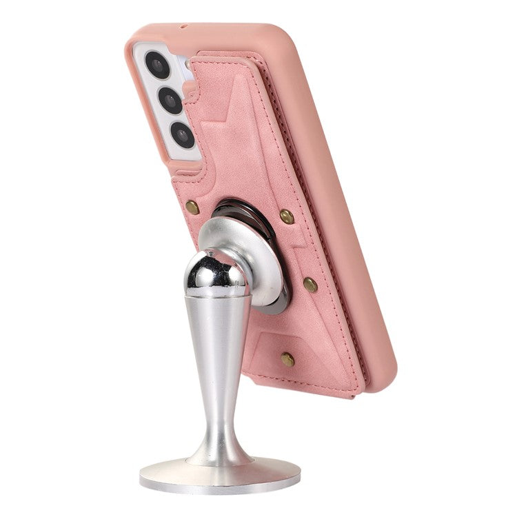 For Samsung Galaxy S23+ Rotary Ring Kickstand Phone Case Card Slots Leather Coated TPU Cover - Pink