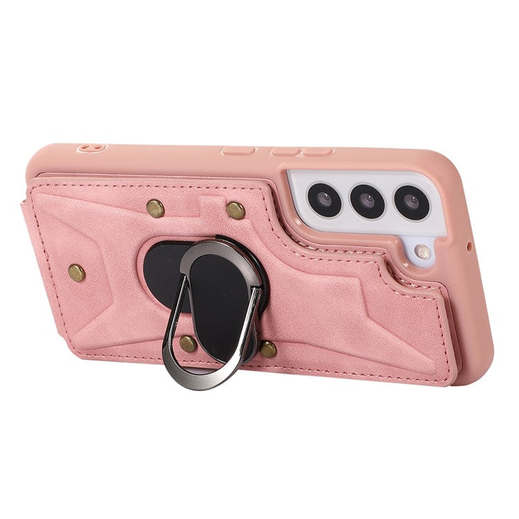 For Samsung Galaxy S23+ Rotary Ring Kickstand Phone Case Card Slots Leather Coated TPU Cover - Pink