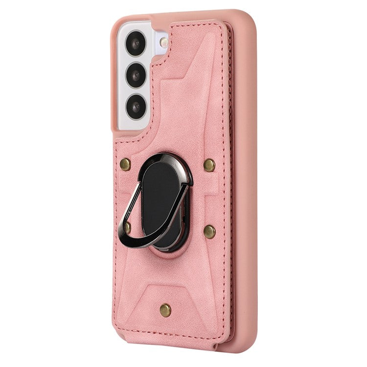 For Samsung Galaxy S23+ Rotary Ring Kickstand Phone Case Card Slots Leather Coated TPU Cover - Pink