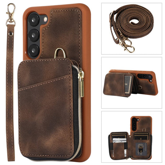 For Samsung Galaxy S23 Phone Case Zipper Card Slots Kickstand Leather Coated TPU Cover with Straps - Brown