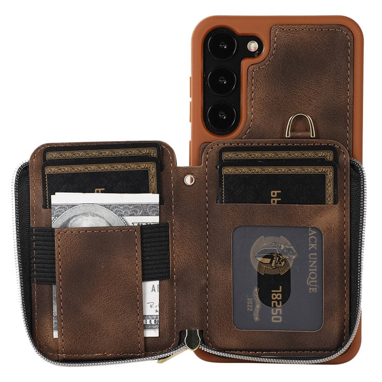 For Samsung Galaxy S23 Phone Case Zipper Card Slots Kickstand Leather Coated TPU Cover with Straps - Brown