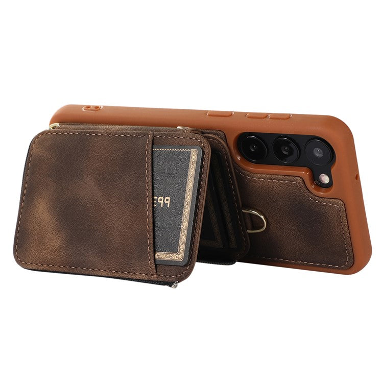 For Samsung Galaxy S23 Phone Case Zipper Card Slots Kickstand Leather Coated TPU Cover with Straps - Brown