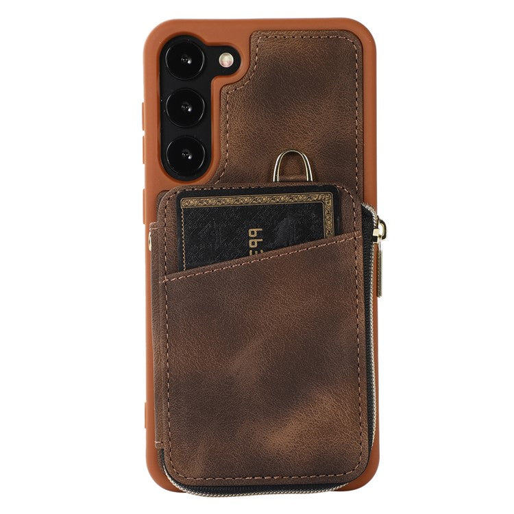 For Samsung Galaxy S23 Phone Case Zipper Card Slots Kickstand Leather Coated TPU Cover with Straps - Brown