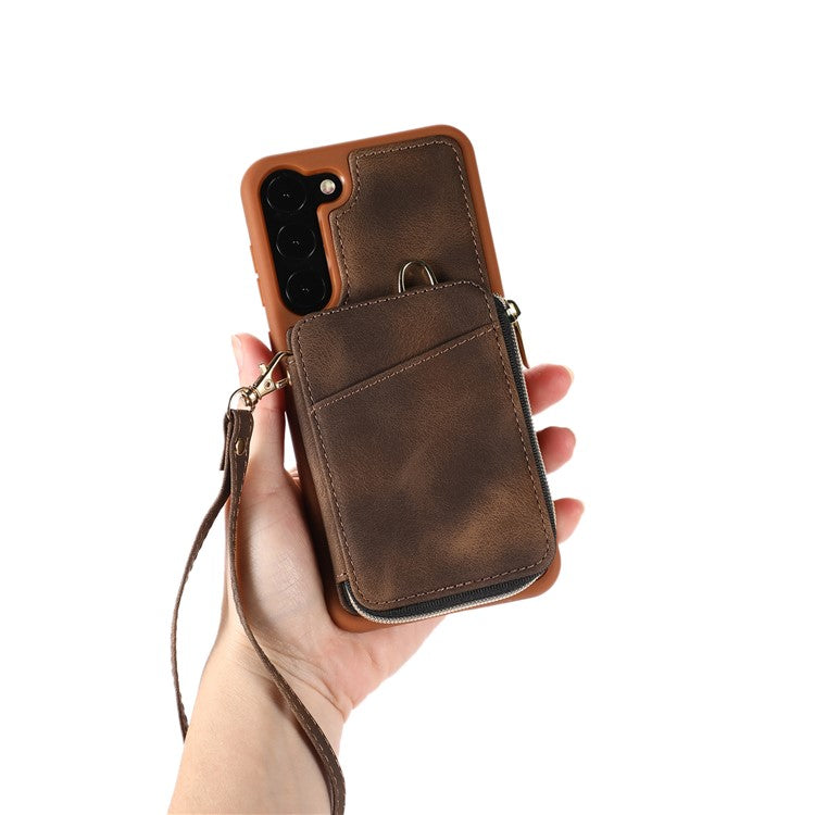 For Samsung Galaxy S23 Phone Case Zipper Card Slots Kickstand Leather Coated TPU Cover with Straps - Brown