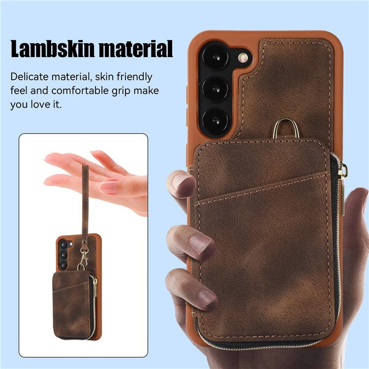 For Samsung Galaxy S23 Phone Case Zipper Card Slots Kickstand Leather Coated TPU Cover with Straps - Brown