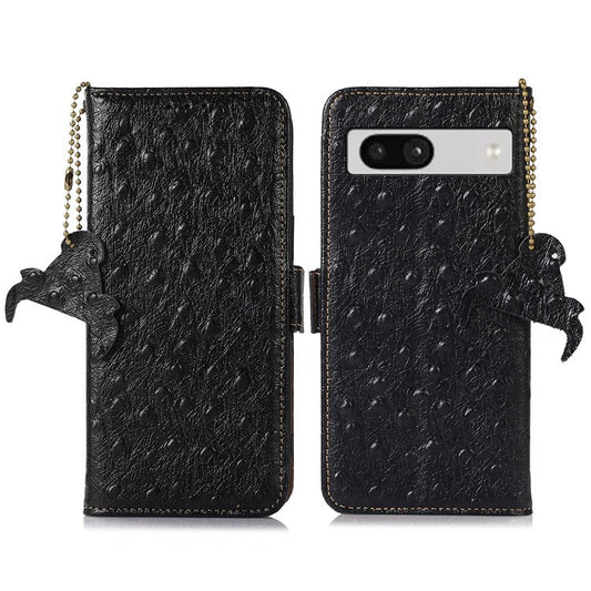 For Google Pixel 7a Genuine Cowhide Leather RFID Blocking Wallet Phone Case Ostrich Pattern Stand Cover - Black