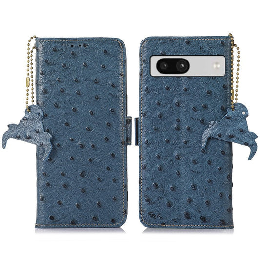 For Google Pixel 7a Genuine Cowhide Leather RFID Blocking Wallet Phone Case Ostrich Pattern Stand Cover - Blue
