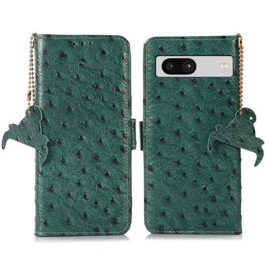 For Google Pixel 7a Genuine Cowhide Leather RFID Blocking Wallet Phone Case Ostrich Pattern Stand Cover - Green