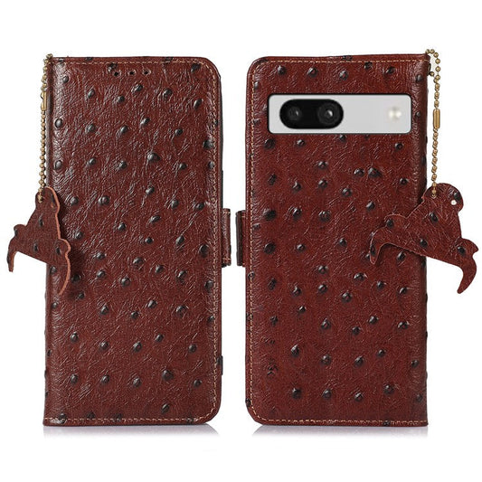 For Google Pixel 7a Genuine Cowhide Leather RFID Blocking Wallet Phone Case Ostrich Pattern Stand Cover - Coffee