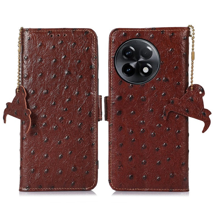 For OnePlus Ace 2 5G / 11R 5G RFID Blocking Wallet Protective Cover Ostrich Pattern Cowhide Leather Phone Case with Stand - Coffee