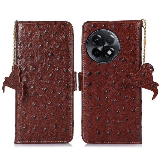 For OnePlus Ace 2 5G / 11R 5G RFID Blocking Wallet Protective Cover Ostrich Pattern Cowhide Leather Phone Case with Stand - Coffee