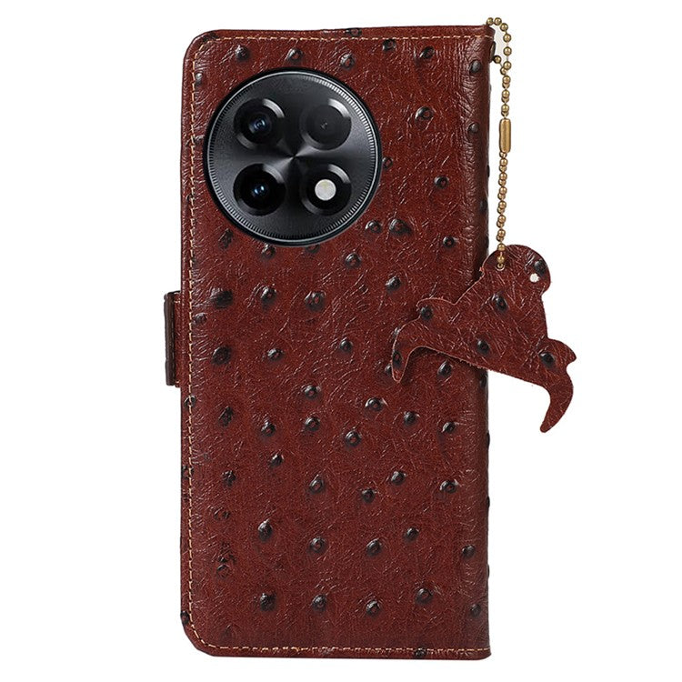 For OnePlus Ace 2 5G / 11R 5G RFID Blocking Wallet Protective Cover Ostrich Pattern Cowhide Leather Phone Case with Stand - Coffee