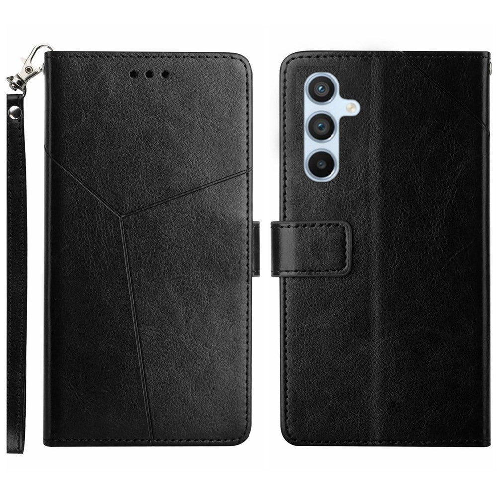 For Samsung Galaxy M14 5G HT01 Wallet Phone Case PU Leather Y-shaped Line Imprinted  Stand Cover - Black
