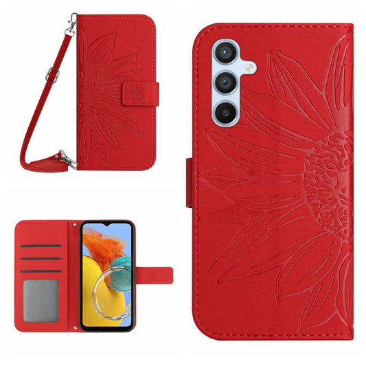 For Samsung Galaxy M14 5G HT04 Sunflower Pattern Phone Case PU Leather Cover Stand Wallet with Shoulder Strap - Red