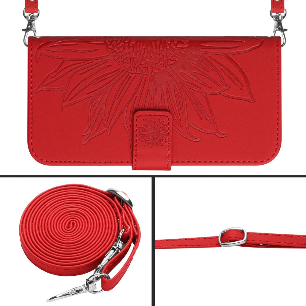For Samsung Galaxy M14 5G HT04 Sunflower Pattern Phone Case PU Leather Cover Stand Wallet with Shoulder Strap - Red