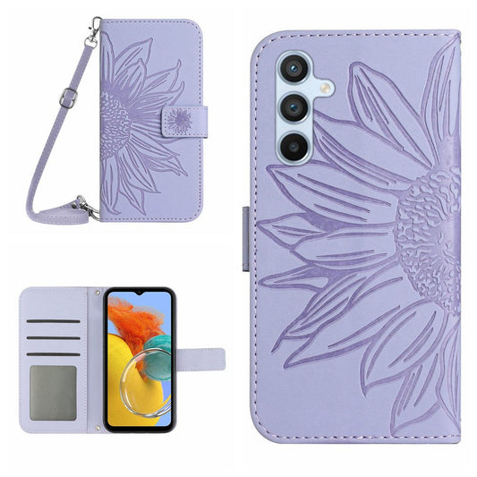 For Samsung Galaxy M14 5G HT04 Sunflower Pattern Phone Case PU Leather Cover Stand Wallet with Shoulder Strap - Light Purple