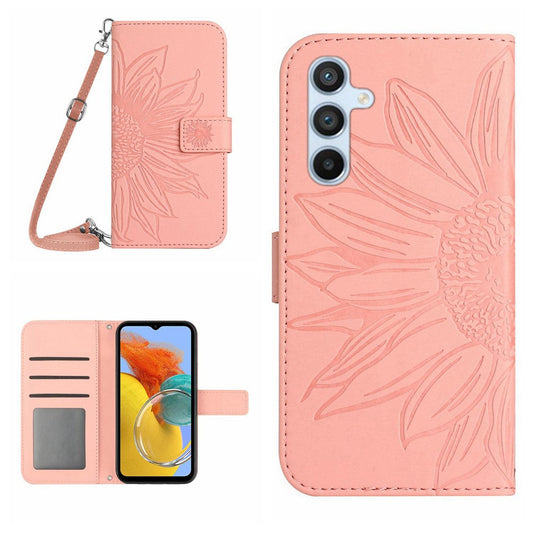 For Samsung Galaxy M14 5G HT04 Sunflower Pattern Phone Case PU Leather Cover Stand Wallet with Shoulder Strap - Light Pink