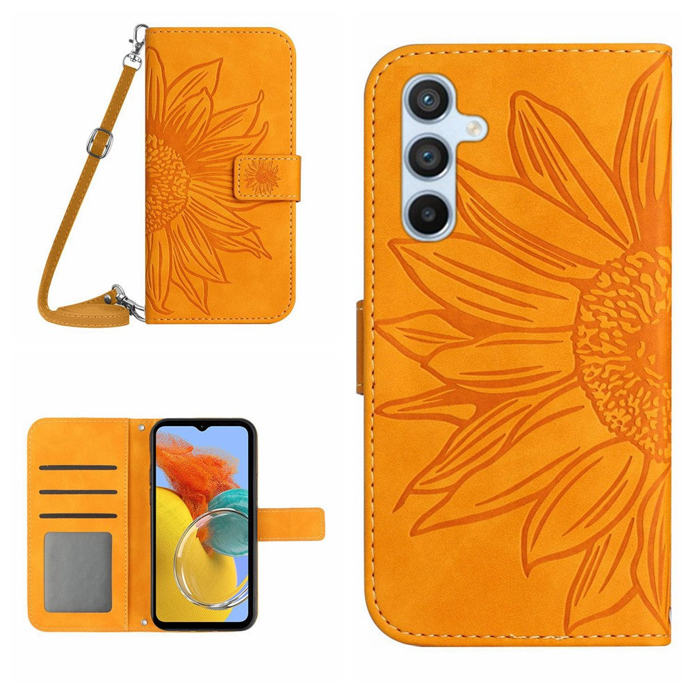 For Samsung Galaxy M14 5G HT04 Sunflower Pattern Phone Case PU Leather Cover Stand Wallet with Shoulder Strap - Yellow