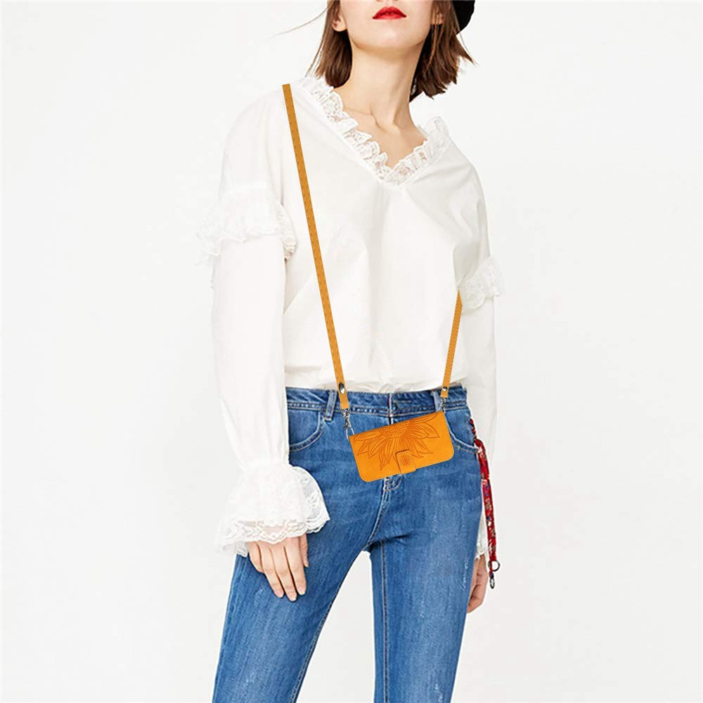 For Samsung Galaxy M14 5G HT04 Sunflower Pattern Phone Case PU Leather Cover Stand Wallet with Shoulder Strap - Yellow
