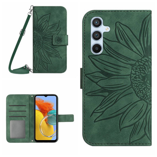 For Samsung Galaxy M14 5G HT04 Sunflower Pattern Phone Case PU Leather Cover Stand Wallet with Shoulder Strap - Dark Green
