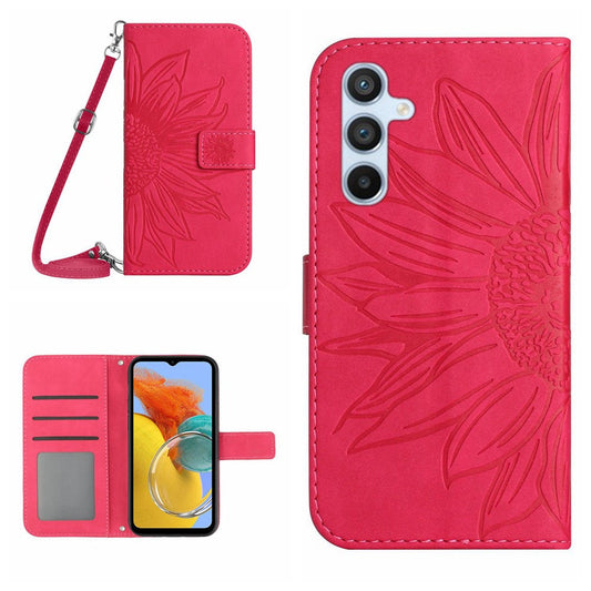 For Samsung Galaxy M14 5G HT04 Sunflower Pattern Phone Case PU Leather Cover Stand Wallet with Shoulder Strap - Rose