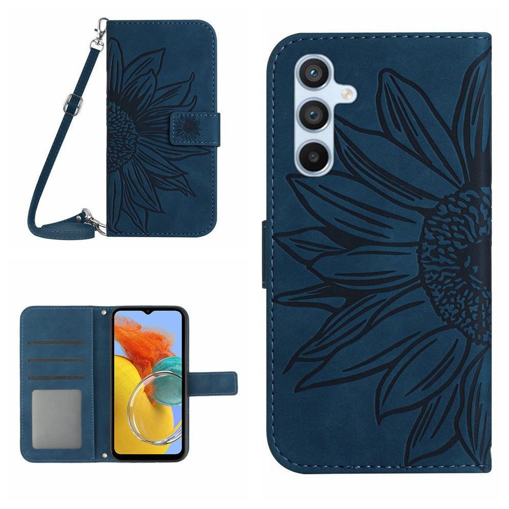 For Samsung Galaxy M14 5G HT04 Sunflower Pattern Phone Case PU Leather Cover Stand Wallet with Shoulder Strap - Dark Blue