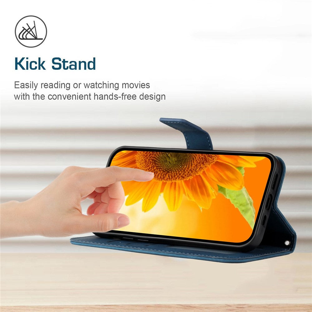 For Samsung Galaxy M14 5G HT04 Sunflower Pattern Phone Case PU Leather Cover Stand Wallet with Shoulder Strap - Dark Blue