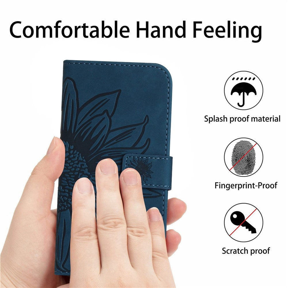 For Samsung Galaxy M14 5G HT04 Sunflower Pattern Phone Case PU Leather Cover Stand Wallet with Shoulder Strap - Dark Blue