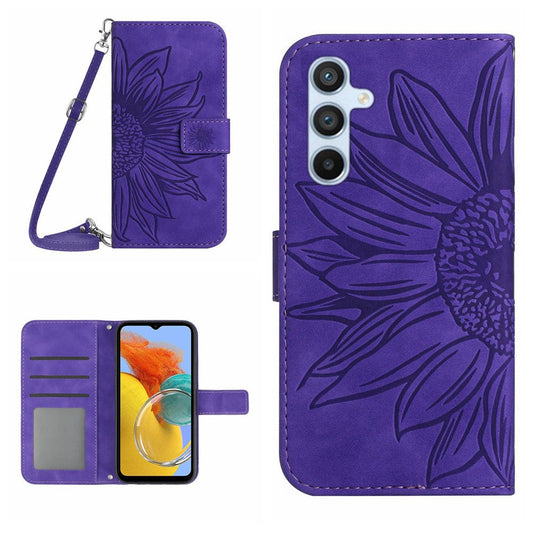 For Samsung Galaxy M14 5G HT04 Sunflower Pattern Phone Case PU Leather Cover Stand Wallet with Shoulder Strap - Dark Purple