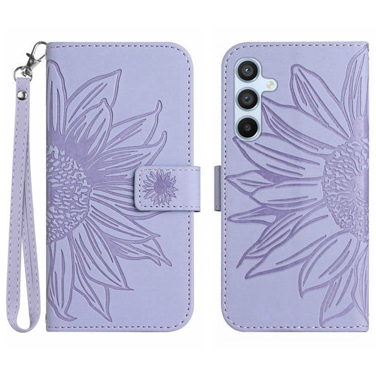For Samsung Galaxy M14 5G HT04 Cell Phone Cover Leather Phone Case Sunflower Imprinted Stand Wallet - Light Purple