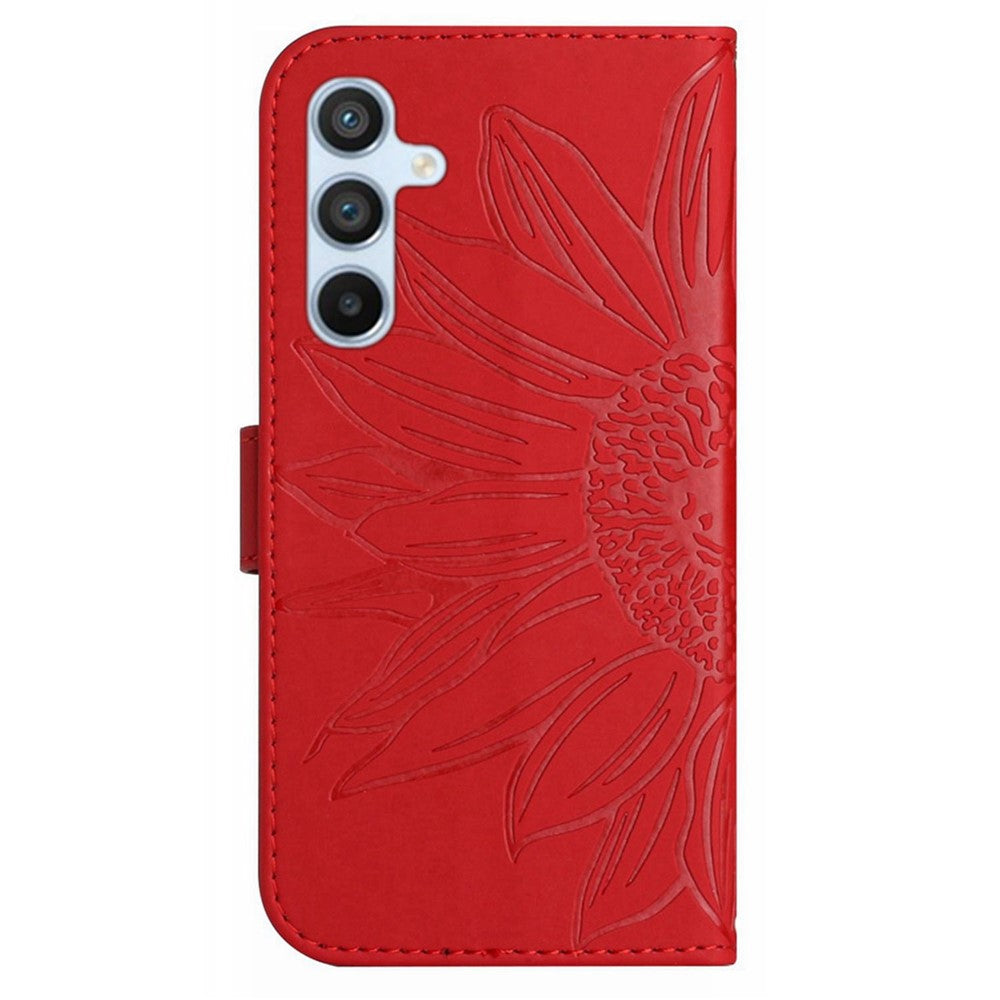 For Samsung Galaxy M14 5G HT04 Cell Phone Cover Leather Phone Case Sunflower Imprinted Stand Wallet - Red