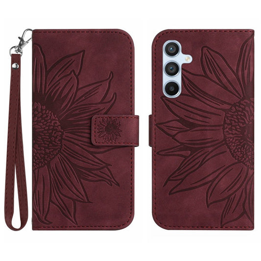 For Samsung Galaxy M14 5G HT04 Cell Phone Cover Leather Phone Case Sunflower Imprinted Stand Wallet - Wine Red