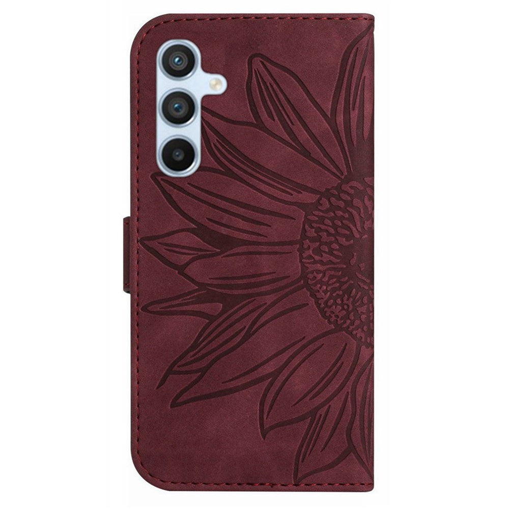 For Samsung Galaxy M14 5G HT04 Cell Phone Cover Leather Phone Case Sunflower Imprinted Stand Wallet - Wine Red
