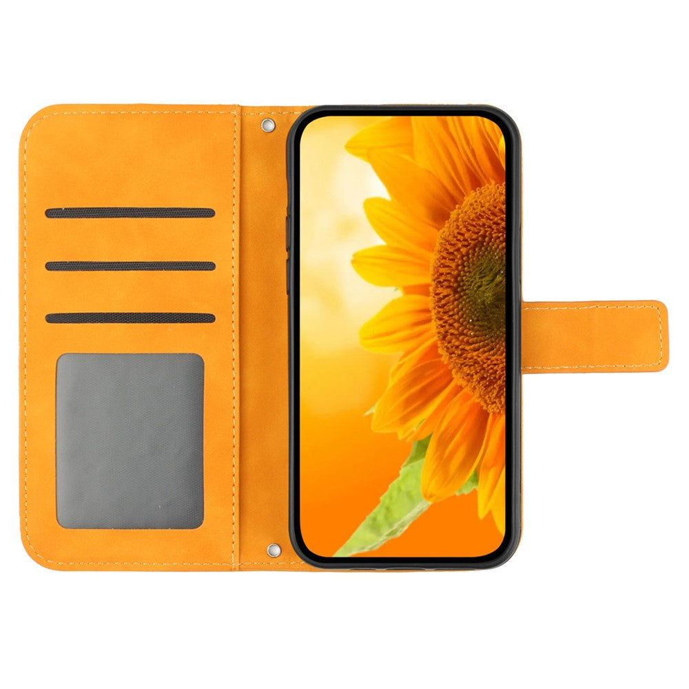 For Samsung Galaxy M14 5G HT04 Cell Phone Cover Leather Phone Case Sunflower Imprinted Stand Wallet - Yellow