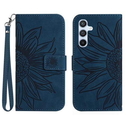 For Samsung Galaxy M14 5G HT04 Cell Phone Cover Leather Phone Case Sunflower Imprinted Stand Wallet - Dark Blue