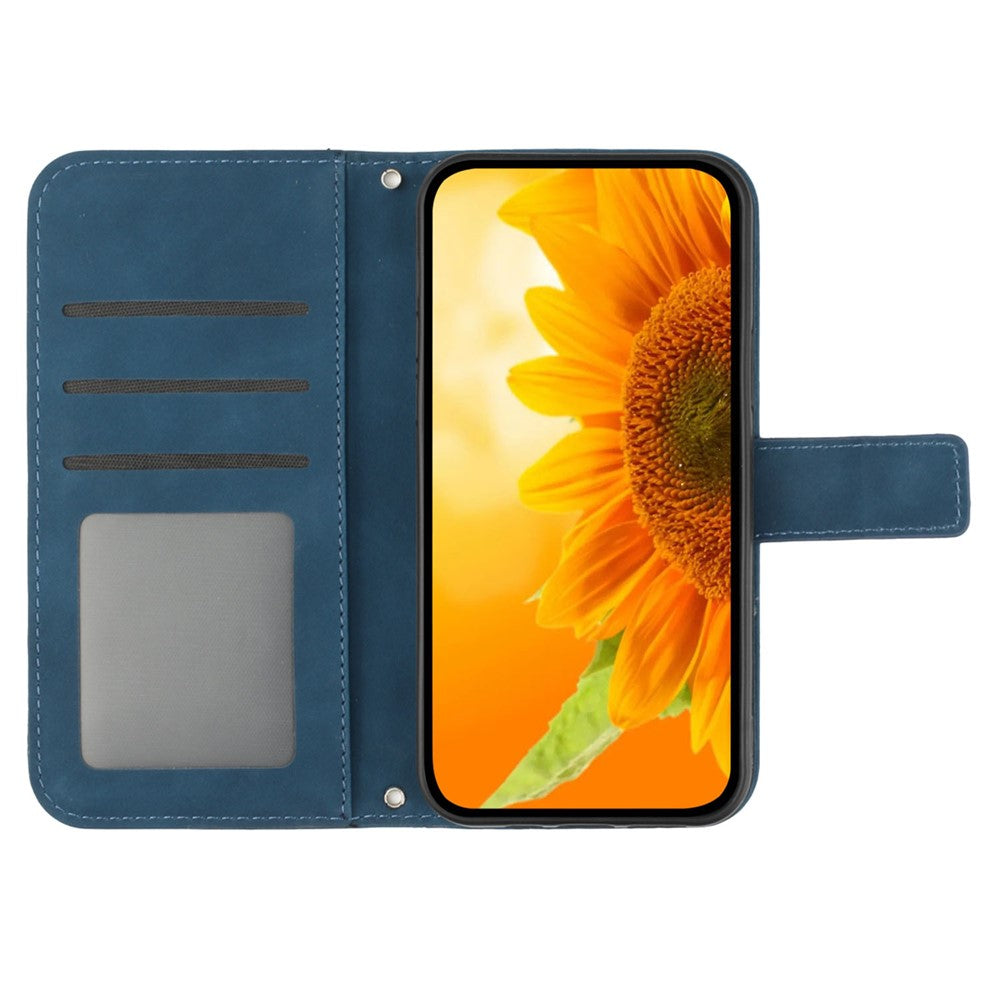 For Samsung Galaxy M14 5G HT04 Cell Phone Cover Leather Phone Case Sunflower Imprinted Stand Wallet - Dark Blue