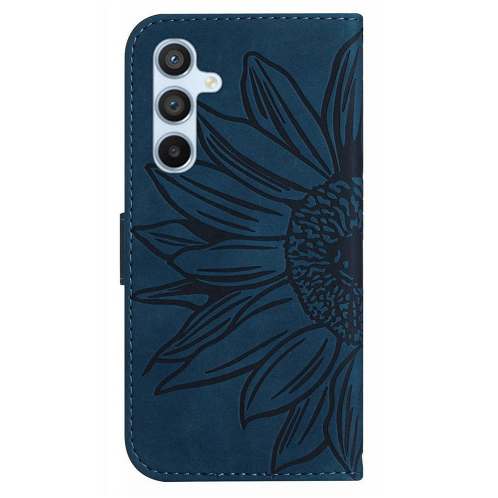 For Samsung Galaxy M14 5G HT04 Cell Phone Cover Leather Phone Case Sunflower Imprinted Stand Wallet - Dark Blue