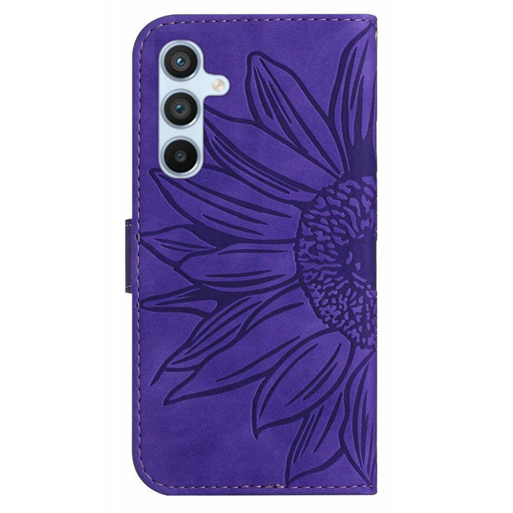 For Samsung Galaxy M14 5G HT04 Cell Phone Cover Leather Phone Case Sunflower Imprinted Stand Wallet - Dark Purple