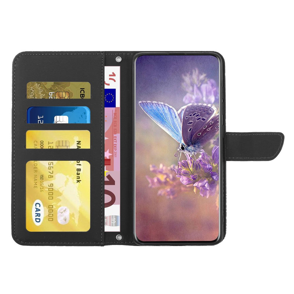 HT03 Phone Case for Samsung Galaxy M14 5G , PU Leather Stand Wallet Butterfly Flowers Imprinted Cover with Shoulder Strap - Black