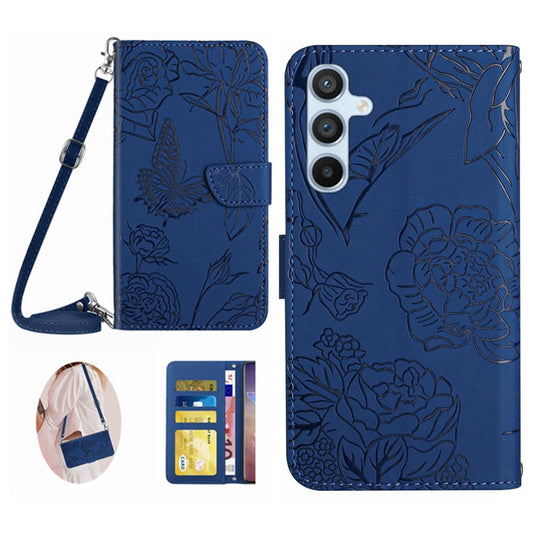 HT03 Phone Case for Samsung Galaxy M14 5G , PU Leather Stand Wallet Butterfly Flowers Imprinted Cover with Shoulder Strap - Blue