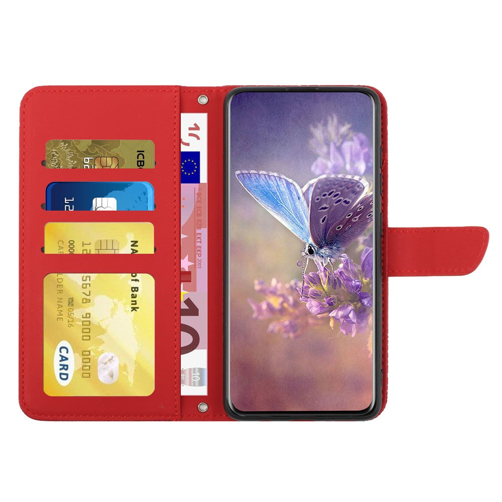 HT03 Phone Case for Samsung Galaxy M14 5G , PU Leather Stand Wallet Butterfly Flowers Imprinted Cover with Shoulder Strap - Red