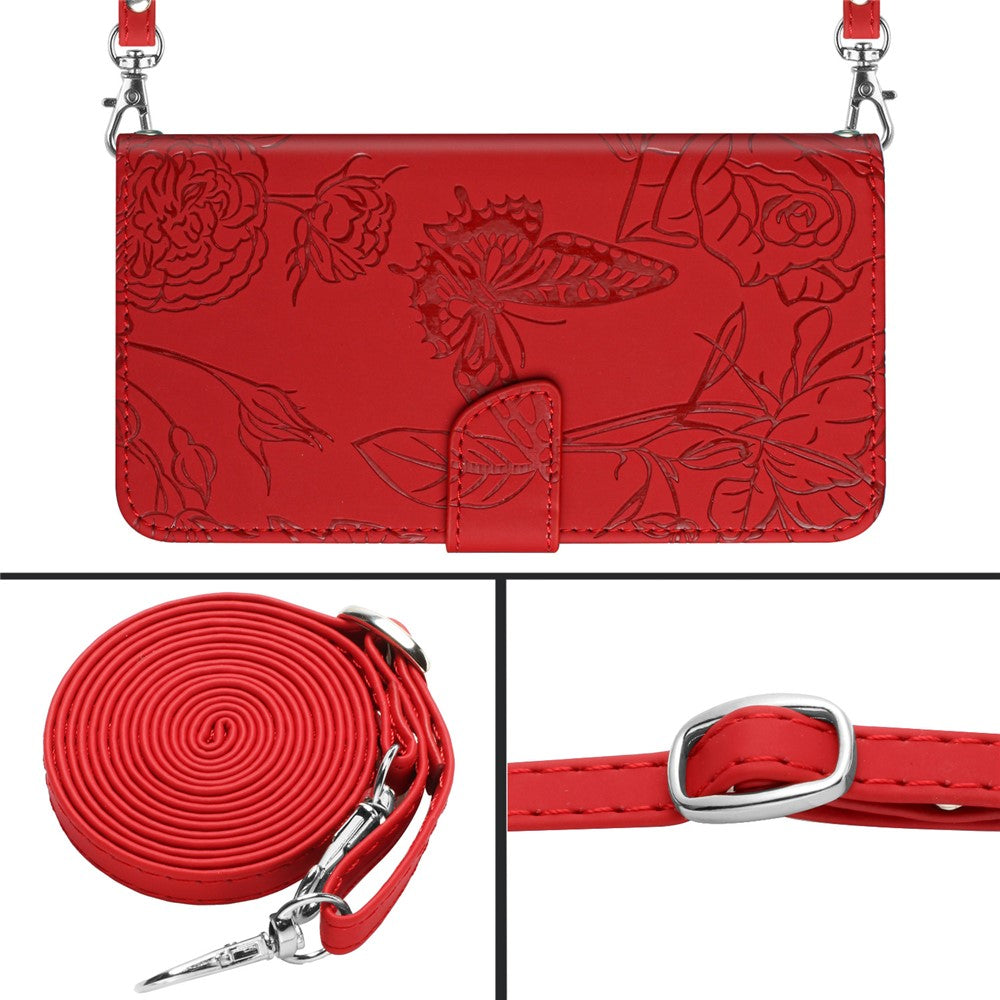 HT03 Phone Case for Samsung Galaxy M14 5G , PU Leather Stand Wallet Butterfly Flowers Imprinted Cover with Shoulder Strap - Red