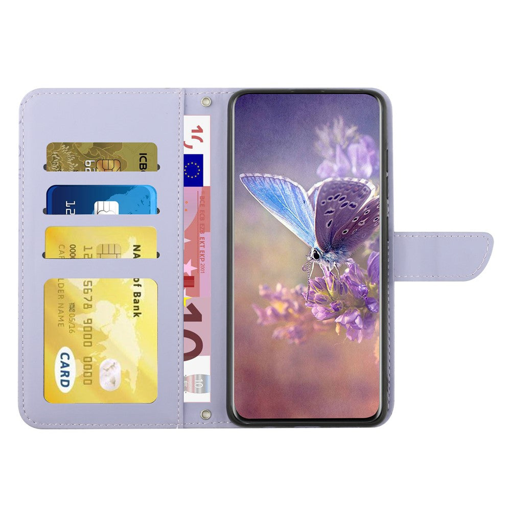 HT03 Phone Case for Samsung Galaxy M14 5G , PU Leather Stand Wallet Butterfly Flowers Imprinted Cover with Shoulder Strap - Purple