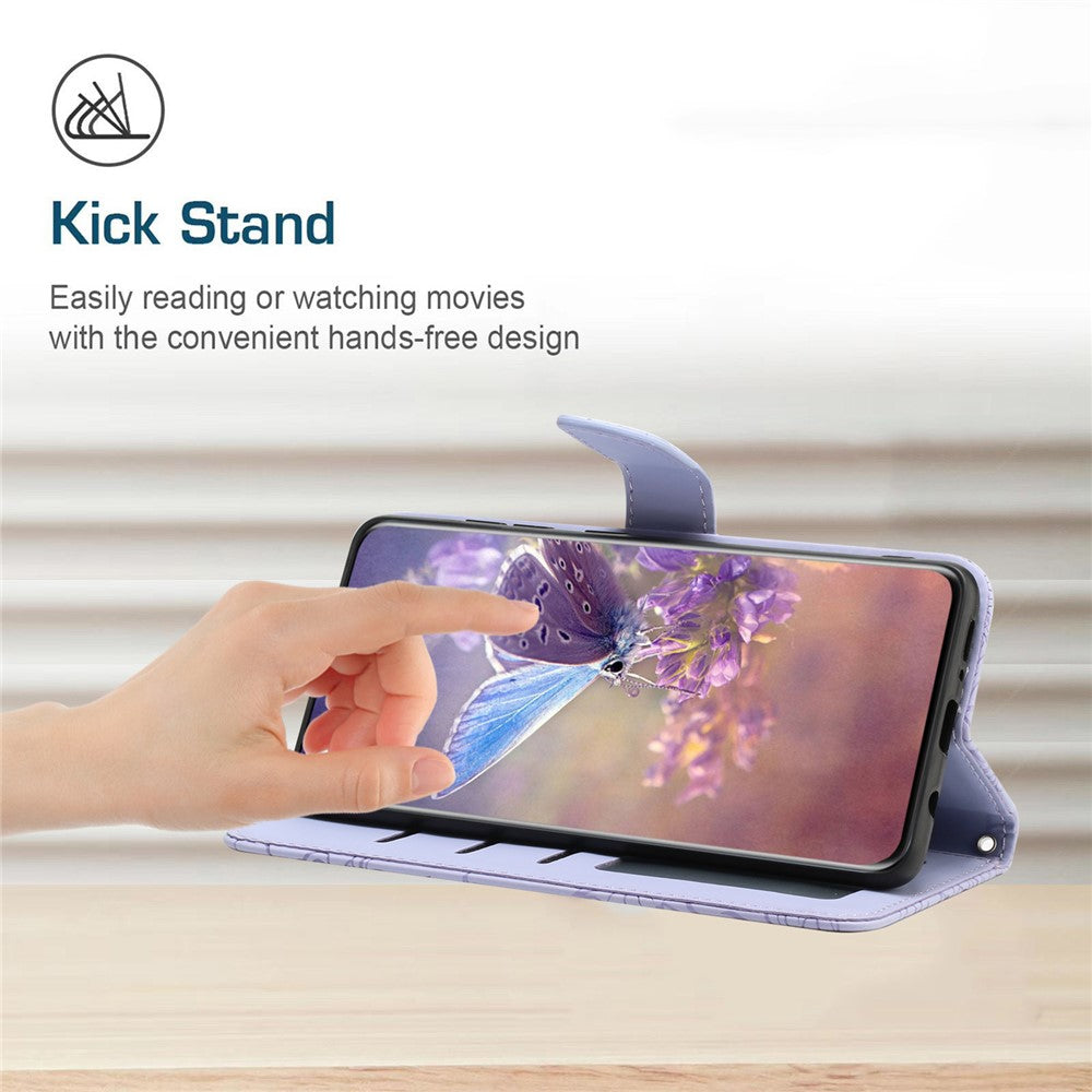 HT03 Phone Case for Samsung Galaxy M14 5G , PU Leather Stand Wallet Butterfly Flowers Imprinted Cover with Shoulder Strap - Purple