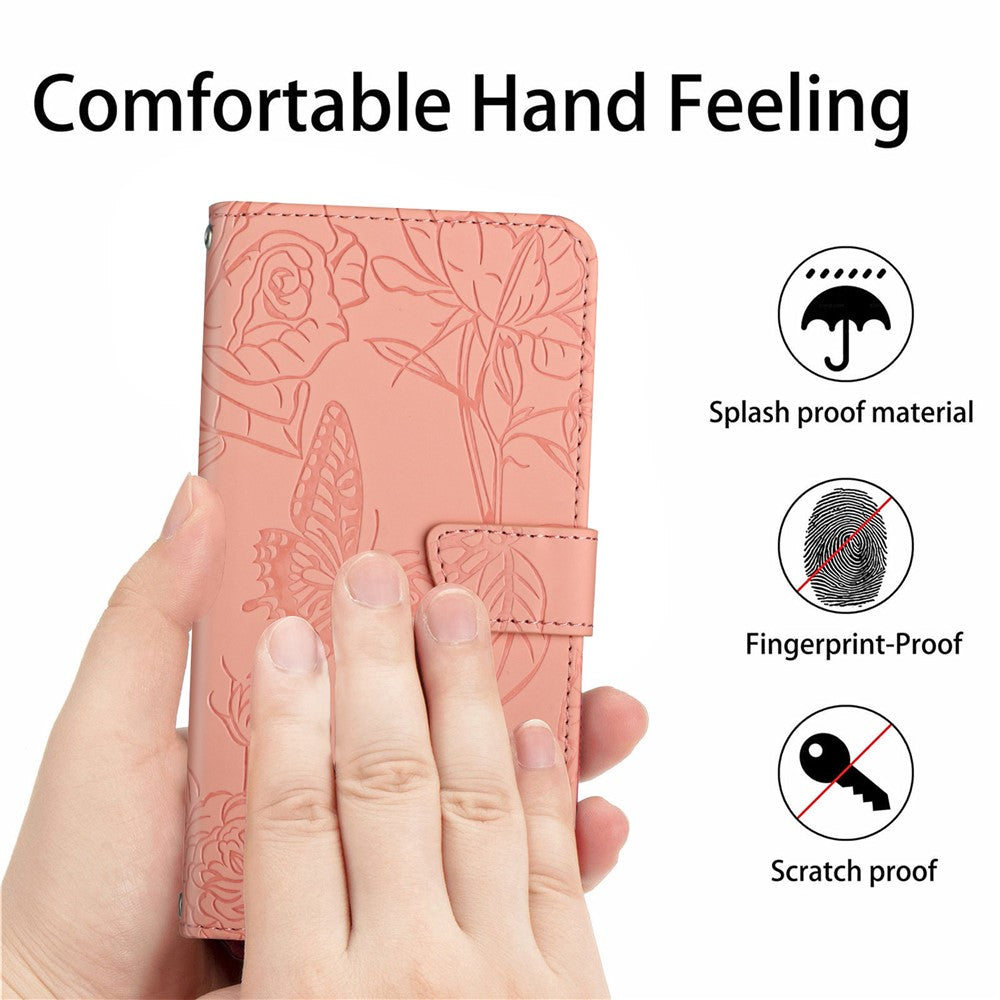 HT03 Phone Case for Samsung Galaxy M14 5G , PU Leather Stand Wallet Butterfly Flowers Imprinted Cover with Shoulder Strap - Pink