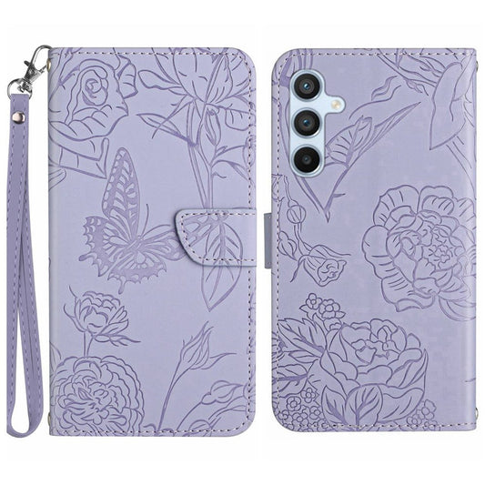 HT03 Phone Case for Samsung Galaxy M14 5G PU Leather Butterfly Flowers Stand Wallet Cover with Strap - Purple
