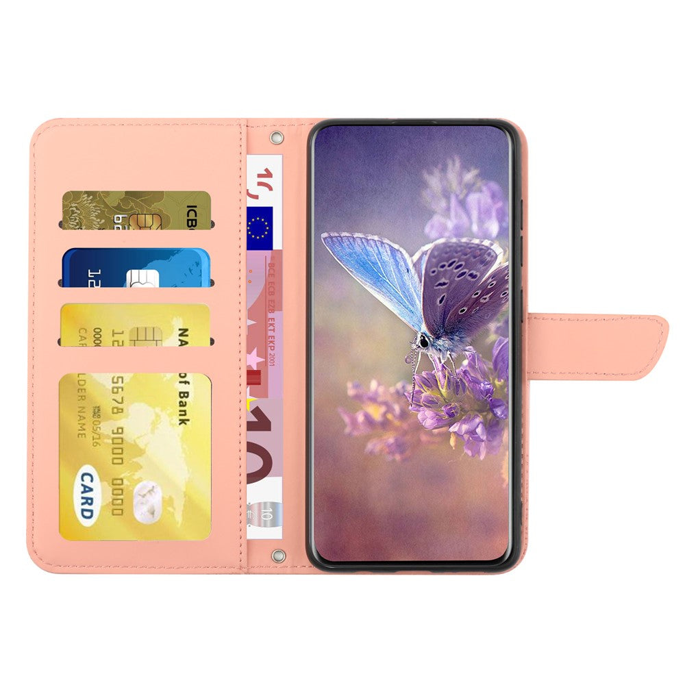 HT03 Phone Case for Samsung Galaxy M14 5G PU Leather Butterfly Flowers Stand Wallet Cover with Strap - Pink