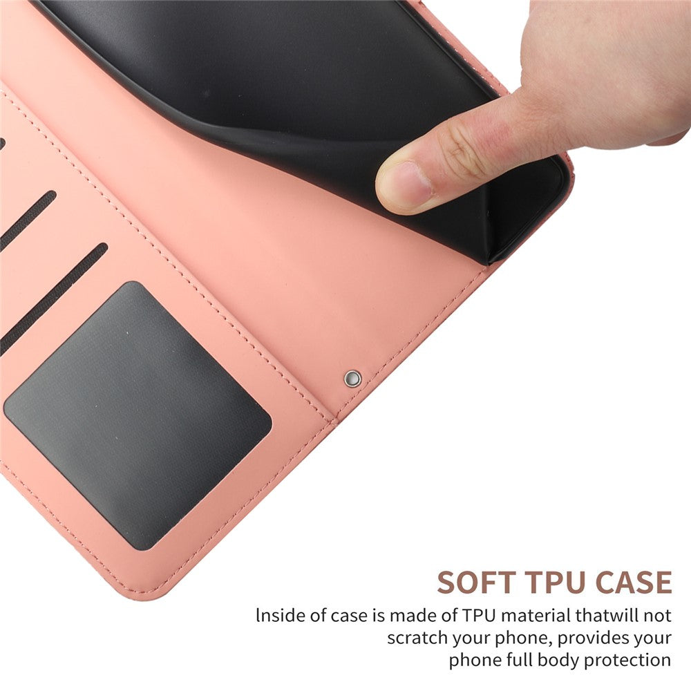 HT03 Phone Case for Samsung Galaxy M14 5G PU Leather Butterfly Flowers Stand Wallet Cover with Strap - Pink