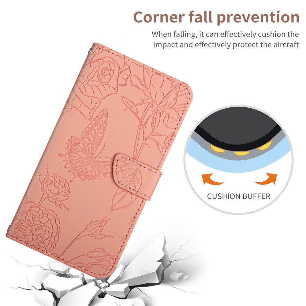 HT03 Phone Case for Samsung Galaxy M14 5G PU Leather Butterfly Flowers Stand Wallet Cover with Strap - Pink