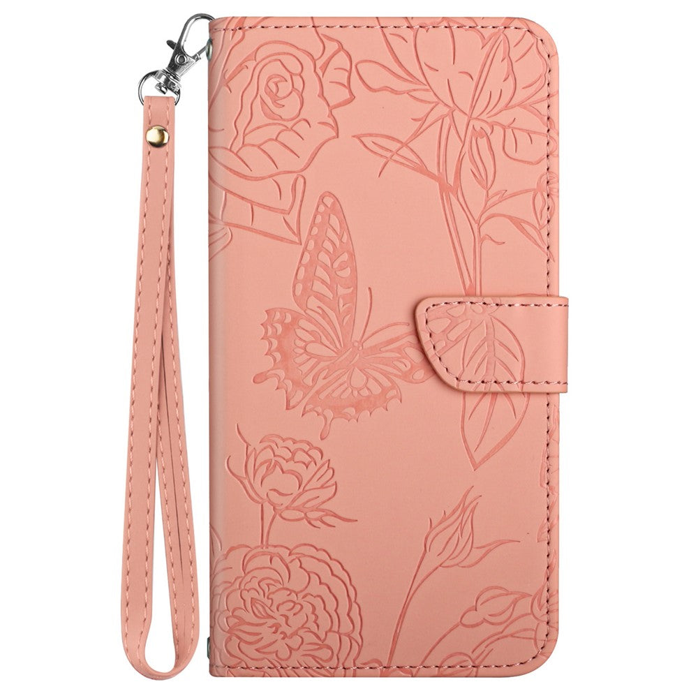 HT03 Phone Case for Samsung Galaxy M14 5G PU Leather Butterfly Flowers Stand Wallet Cover with Strap - Pink